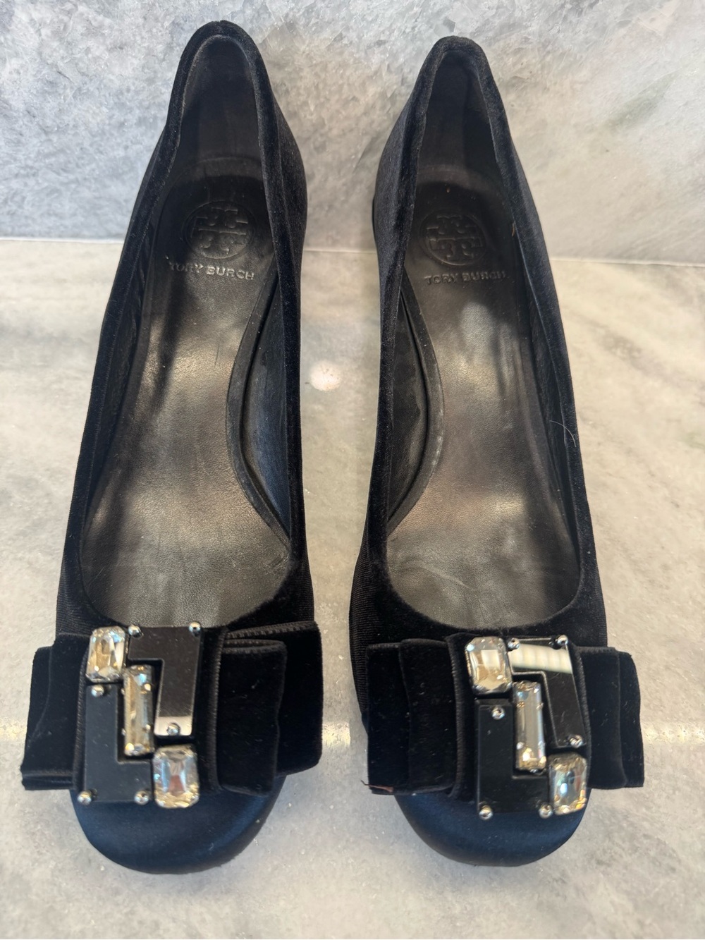 Tory Burch Black Velvet Jewel Bow Chunky Heel Pumps